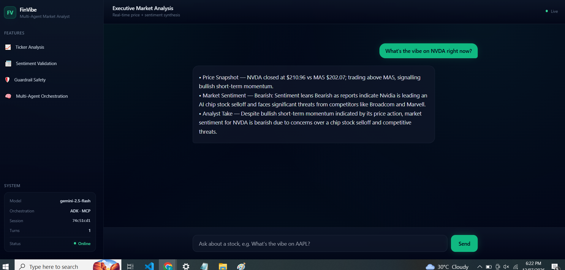 FinVibe conversational ticker analysis output