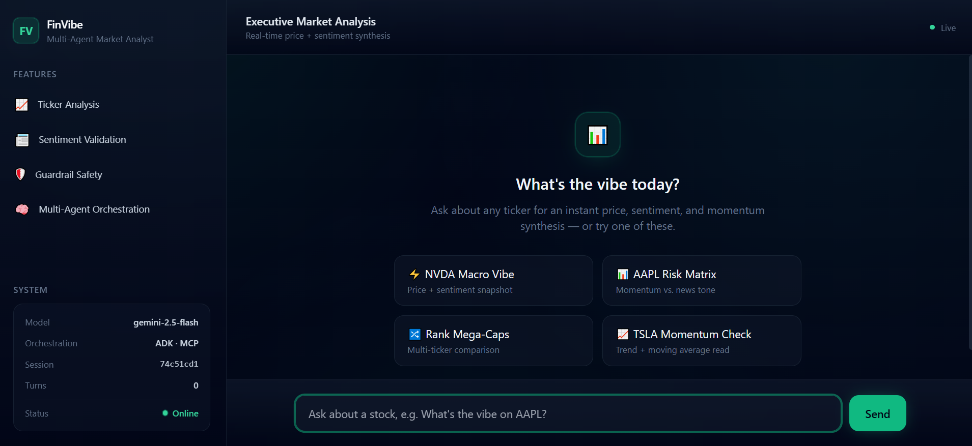 FinVibe market analysis home screen